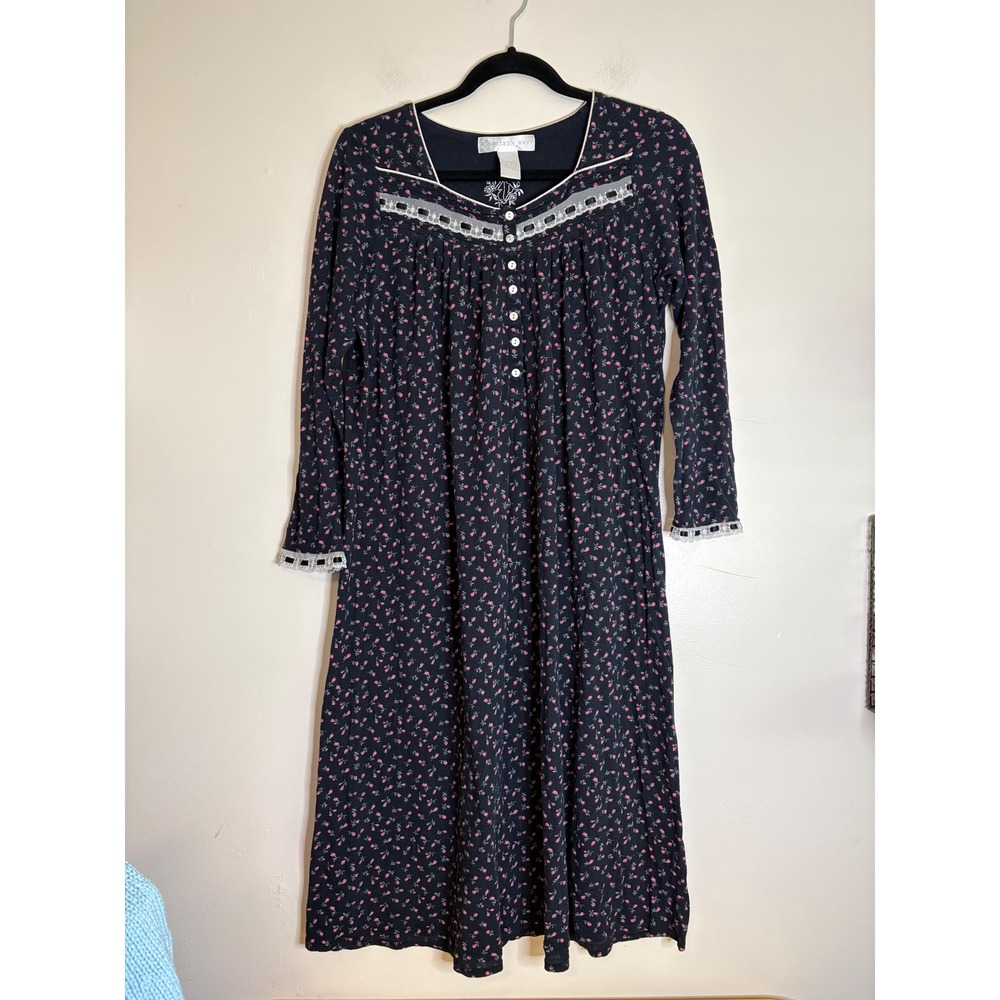 Eileen West Navy Pink Floral Lace Trim Cotton Modal Nightgown Sleep Dress Small